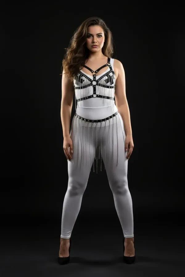 Faux Leather Body Harness with O-Rings & Fringe Chain Skirt Set