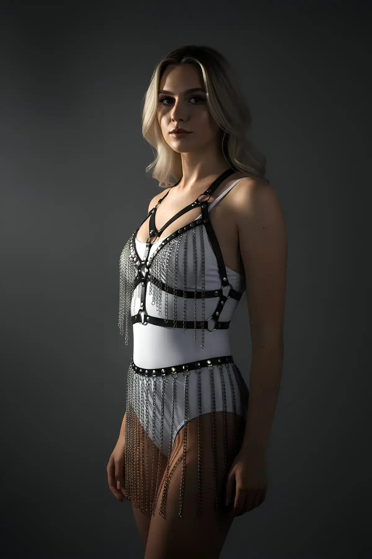 Faux Leather Body Harness & Fringe Skirt Set