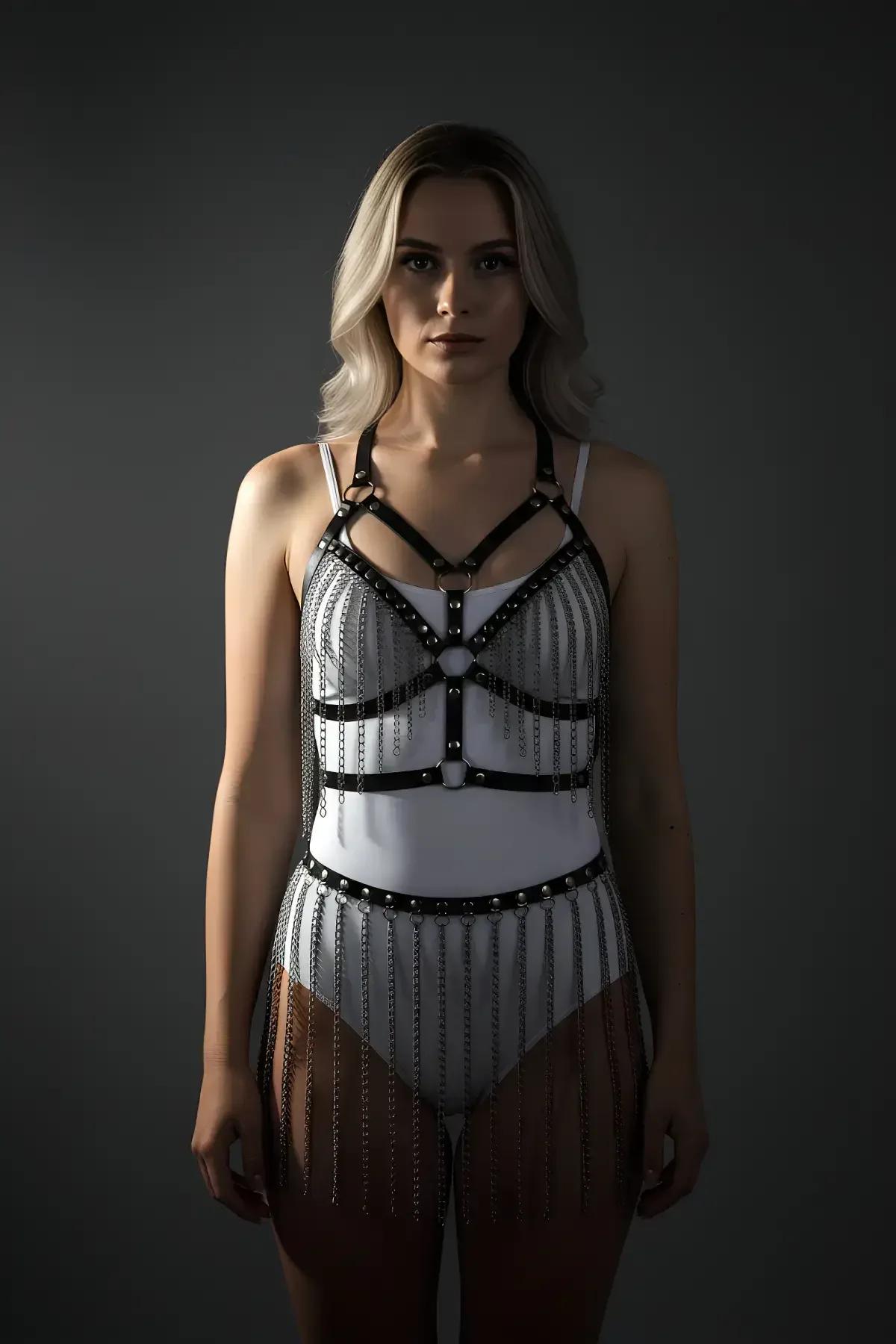 Faux Leather Body Harness & Fringe Skirt Set
