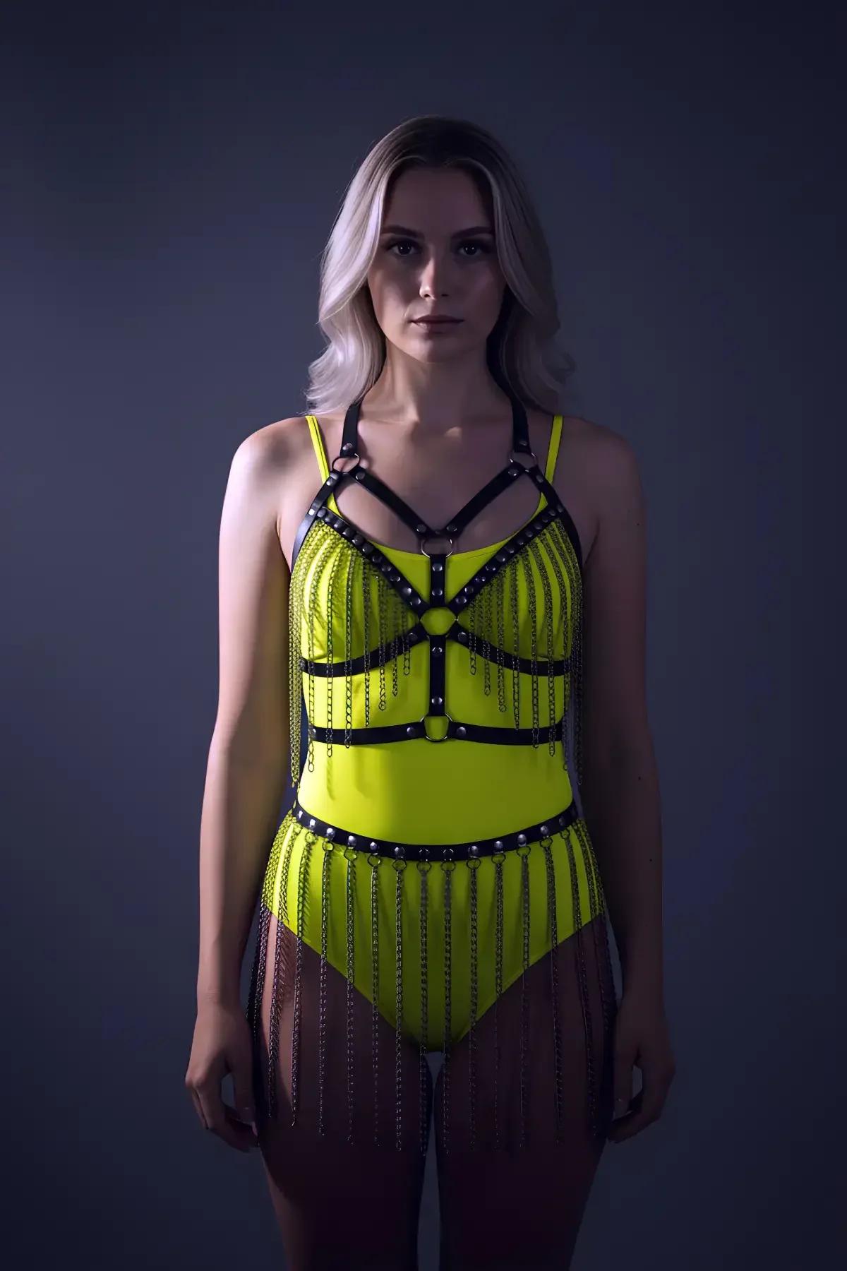 Faux Leather Body Harness & Fringe Skirt Set
