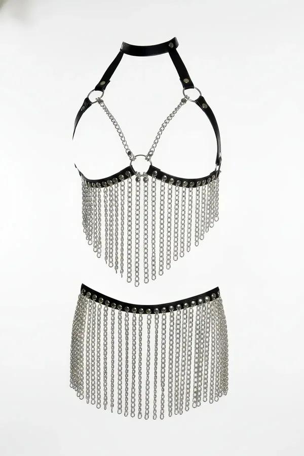 Chain Fringe Faux Leather Harness Bralette & Skirt Set