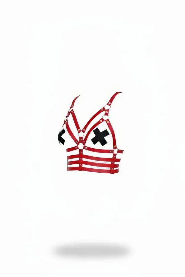 Red Faux Leather Bustier Harness with X-Details & O-Rings