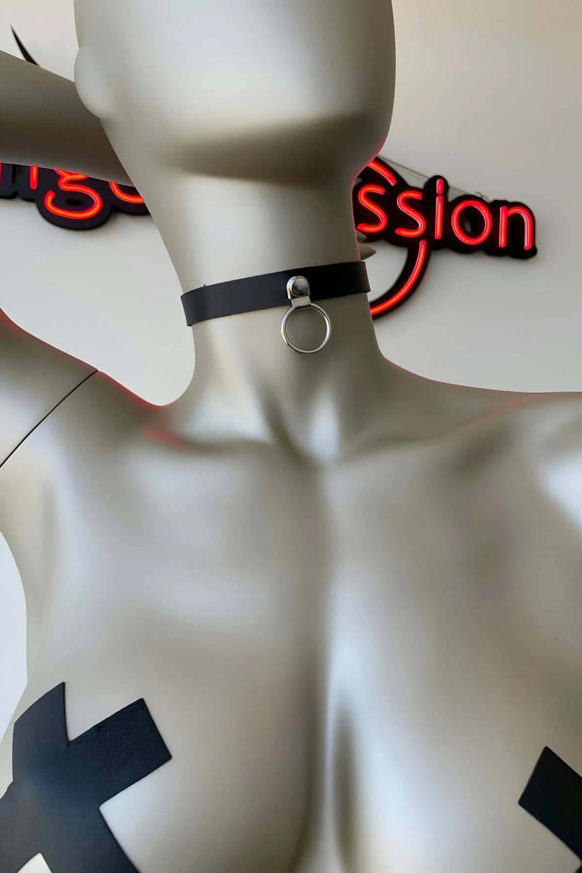 Black Faux Leather Choker with Silver O-Ring