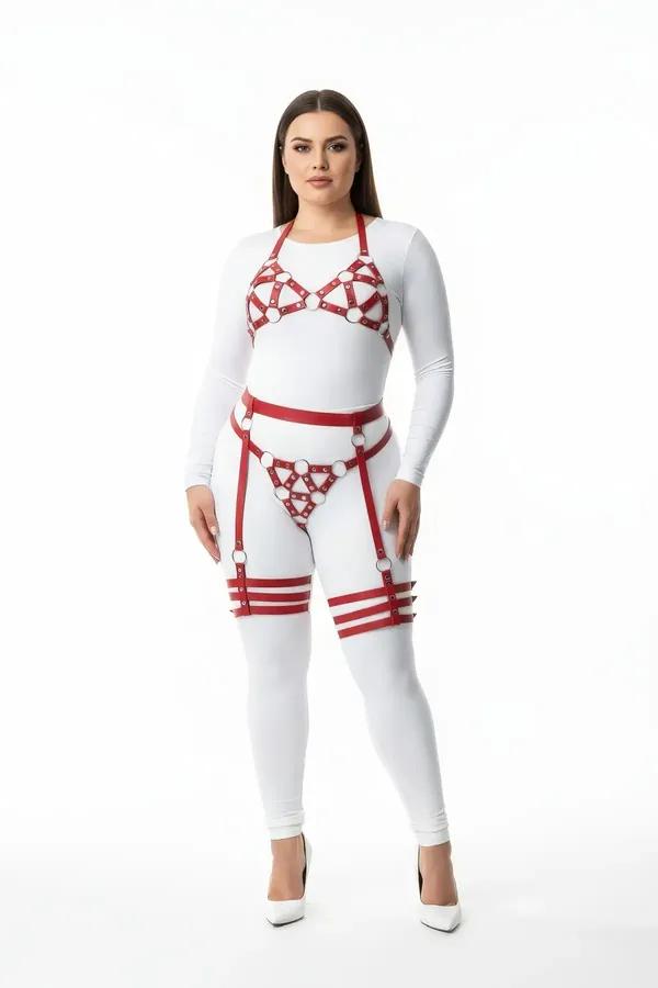 Red O-Ring Vegan Leather Bra, Waist, & Thigh Harness Set