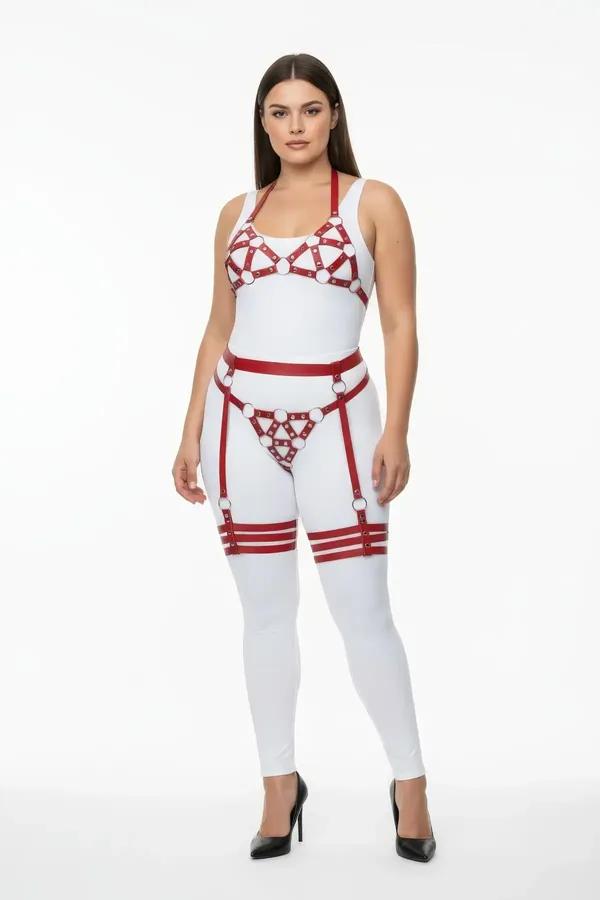 Red O-Ring Vegan Leather Bra, Waist, & Thigh Harness Set