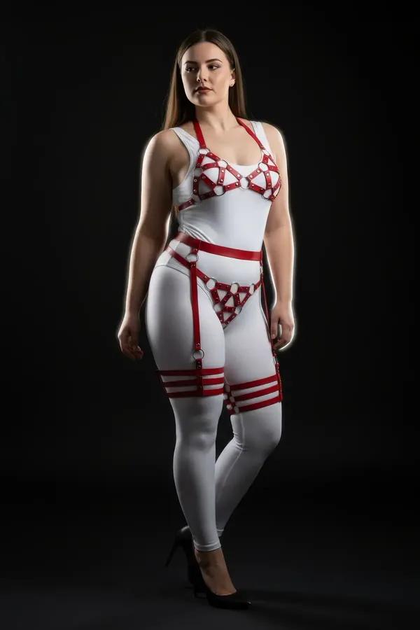 Red O-Ring Vegan Leather Bra, Waist, & Thigh Harness Set