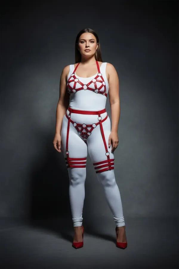 Red O-Ring Vegan Leather Bra, Waist, & Thigh Harness Set