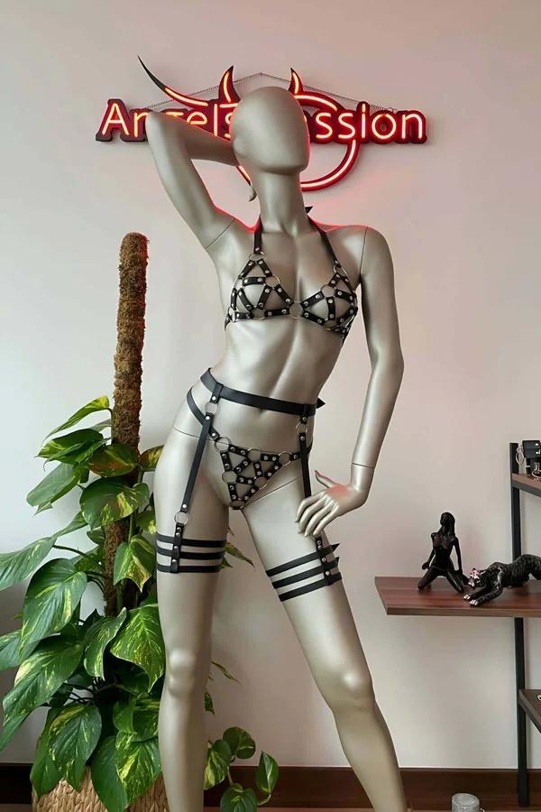 Faux Leather Cage Bra Harness with Garter Straps
