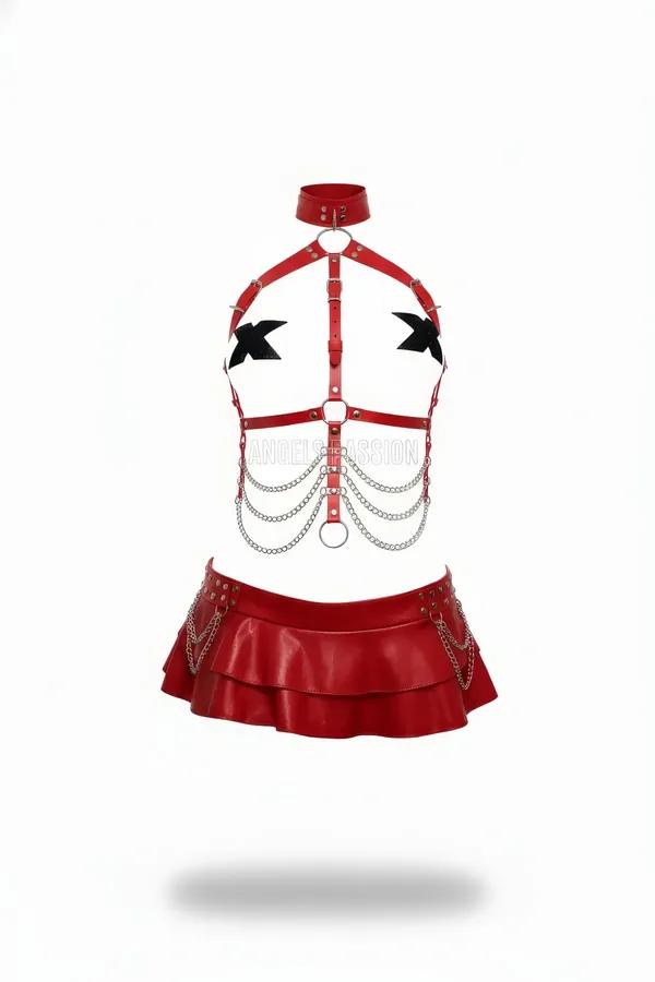 red faux leather body harness with five silver chain drapes and matching double-tiered mini skirt set