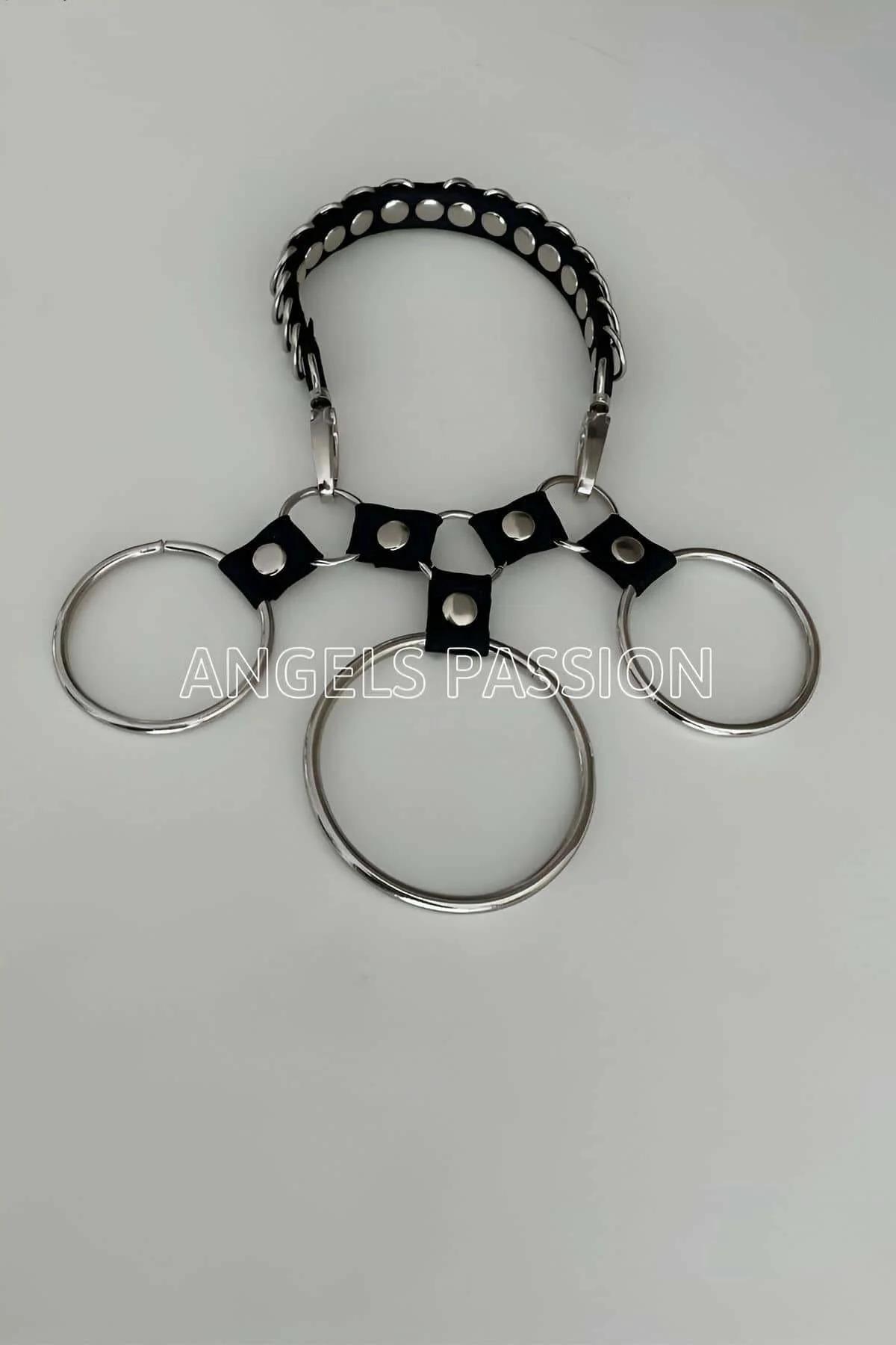 Faux Leather Choker Necklace with Metal Rings & Stars