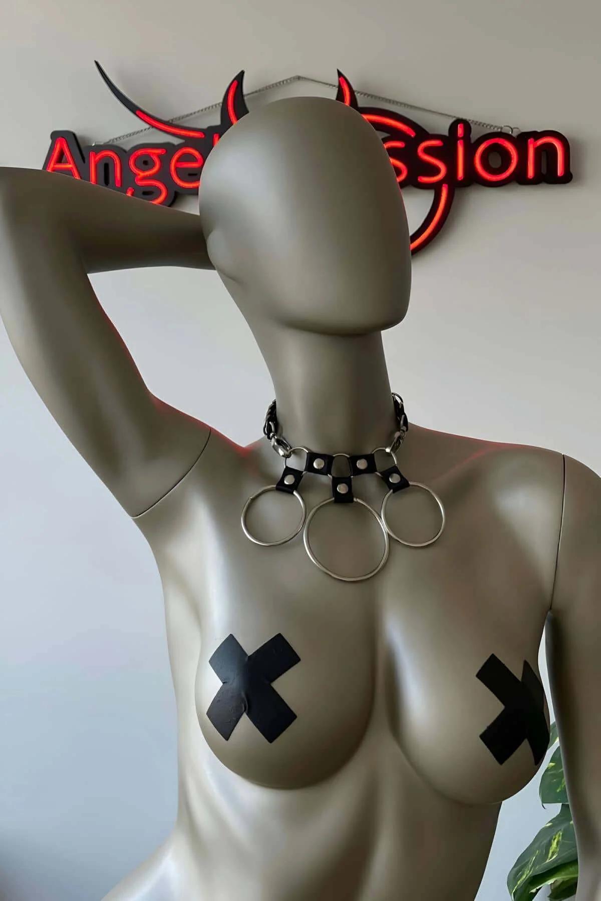 Faux Leather Choker Necklace with Metal Rings & Stars