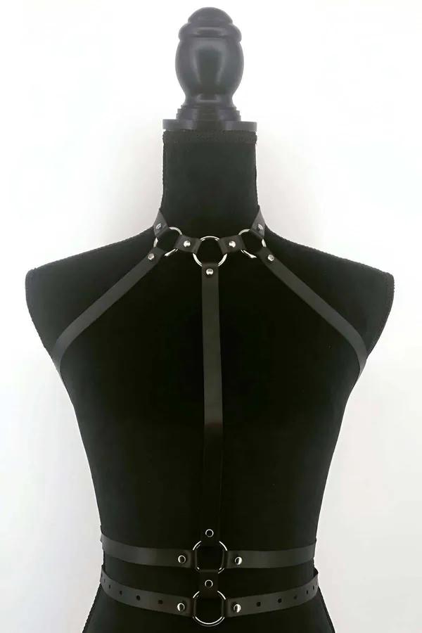 Black Faux Leather Harness with Collar and O-Rings
