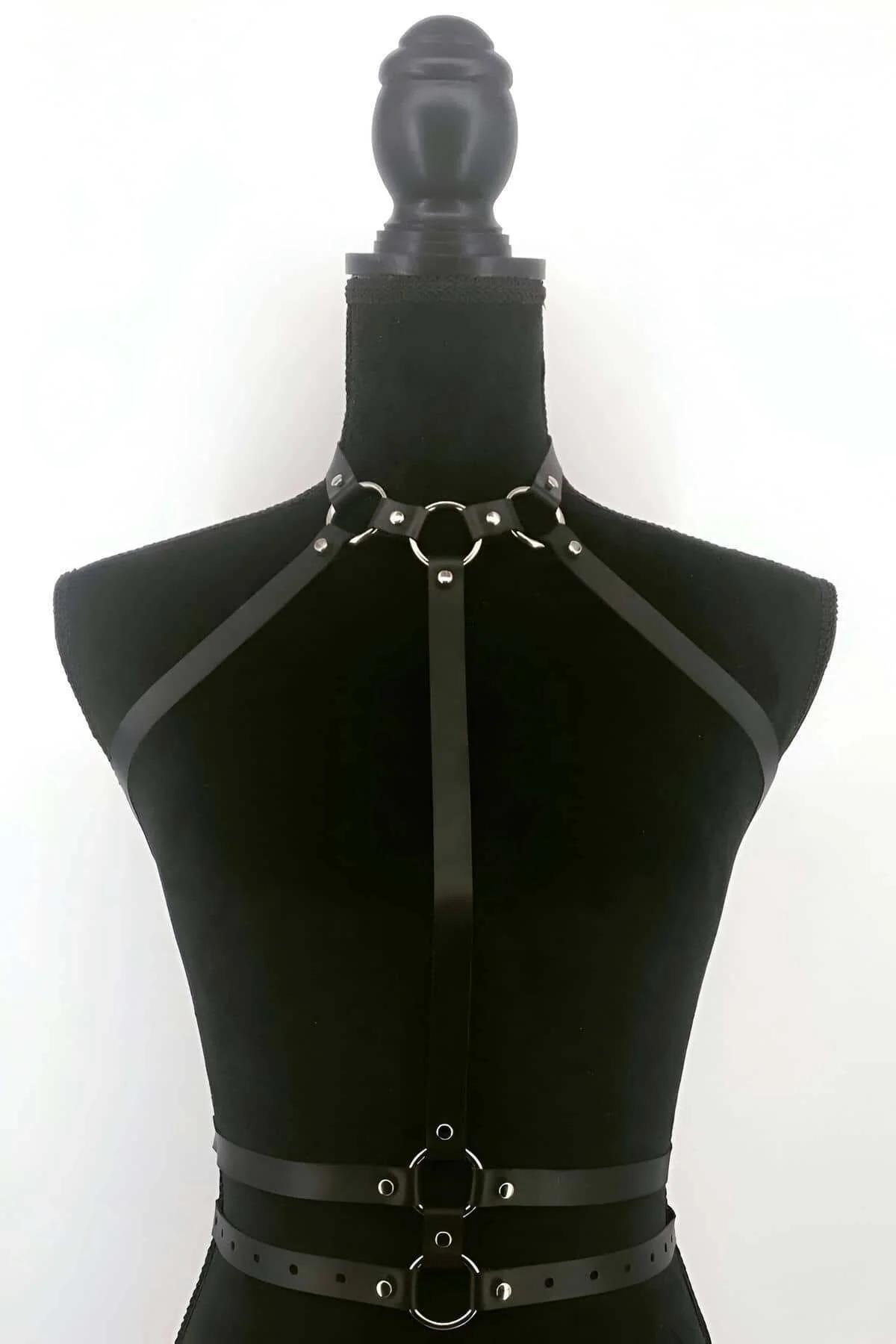 Black Faux Leather Harness with Collar and O-Rings