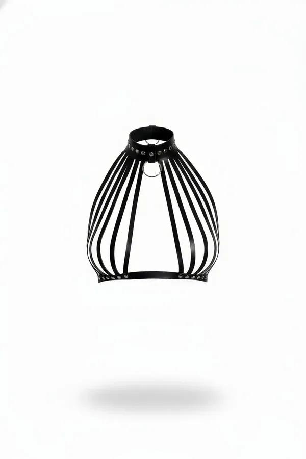 Black Faux Leather Body Cage Harness with Studded High Collar