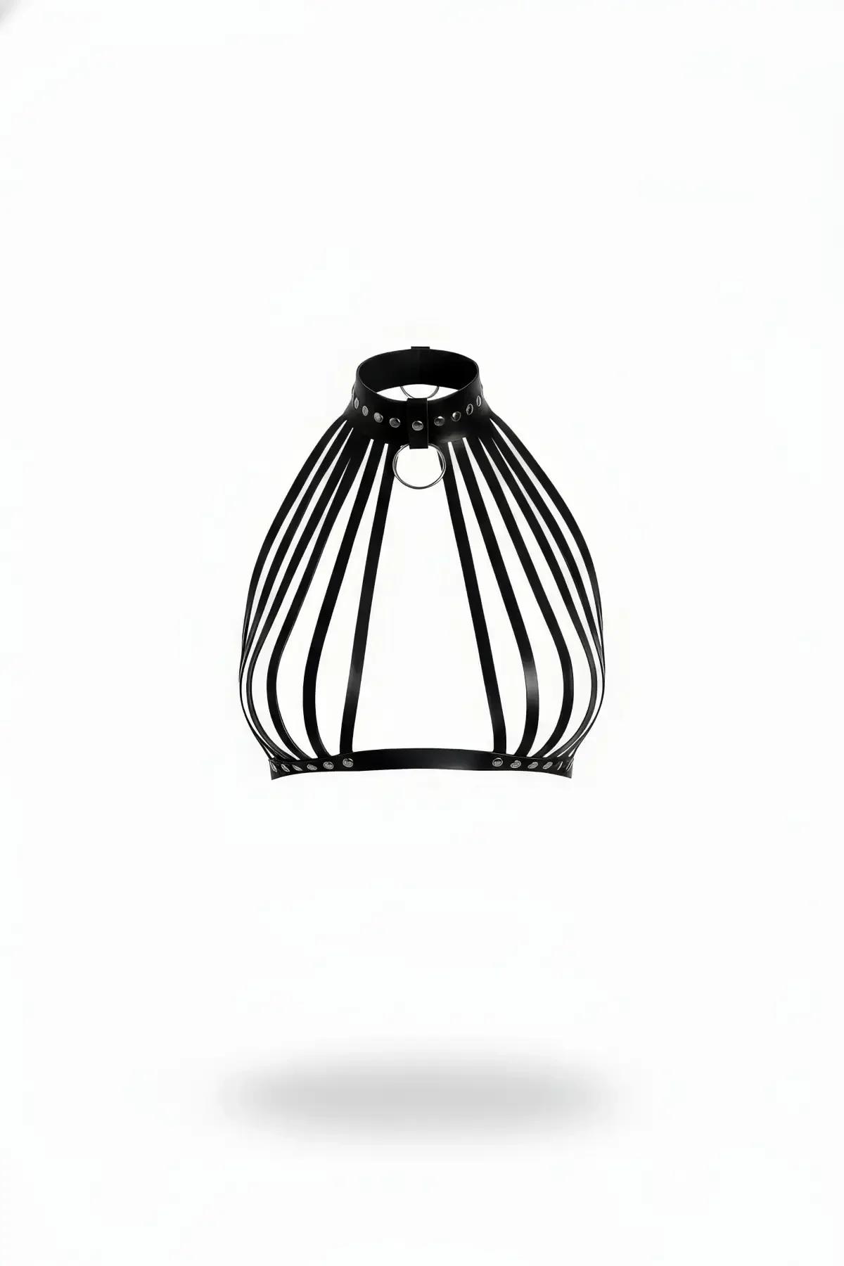 Black Faux Leather Body Cage Harness with Studded High Collar