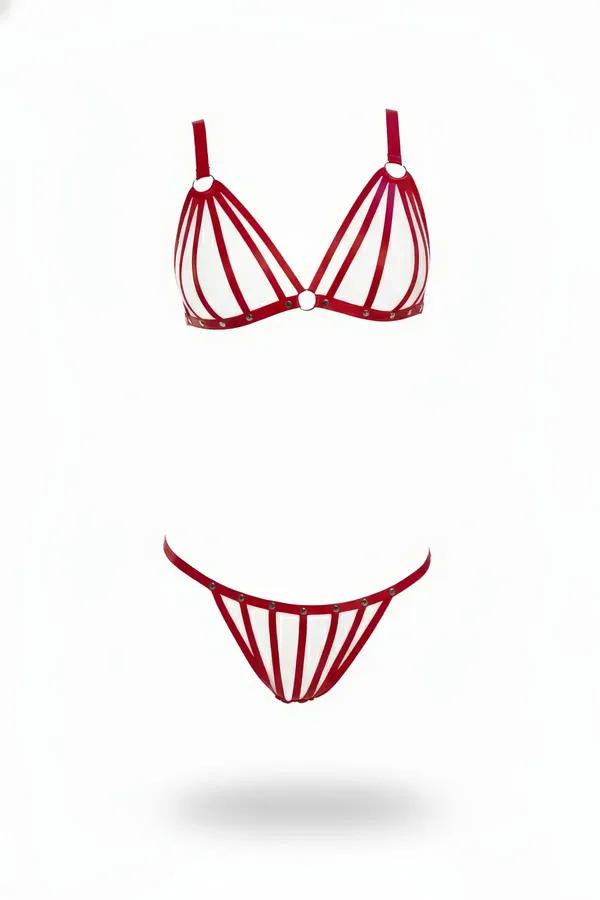 Red Faux Leather Caged Bra & Thong Harness Set