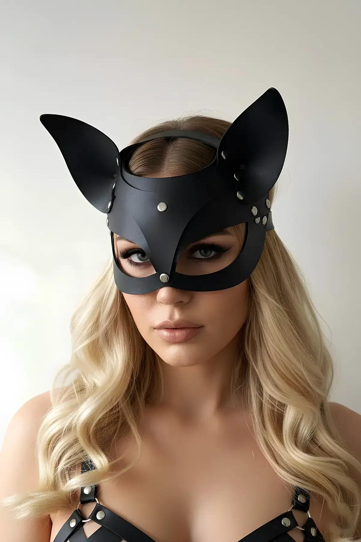 Faux Leather Cat Mask with Studded Ears