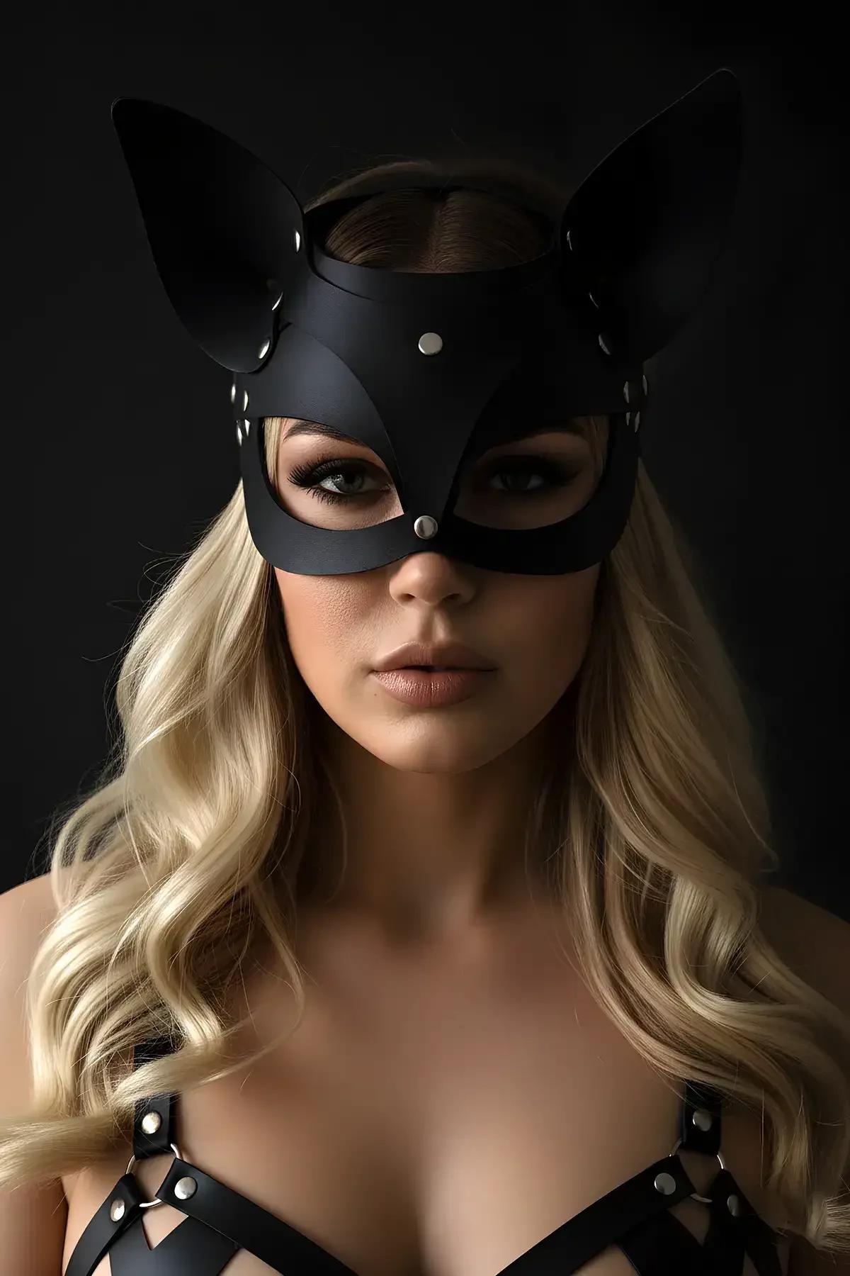 Faux Leather Cat Mask with Studded Ears