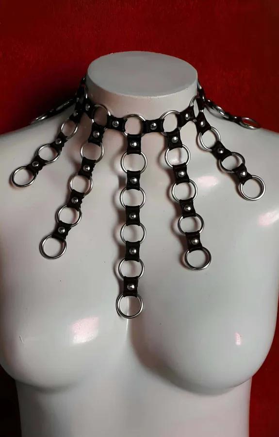 Faux Leather Choker Harness with Draping O-Rings