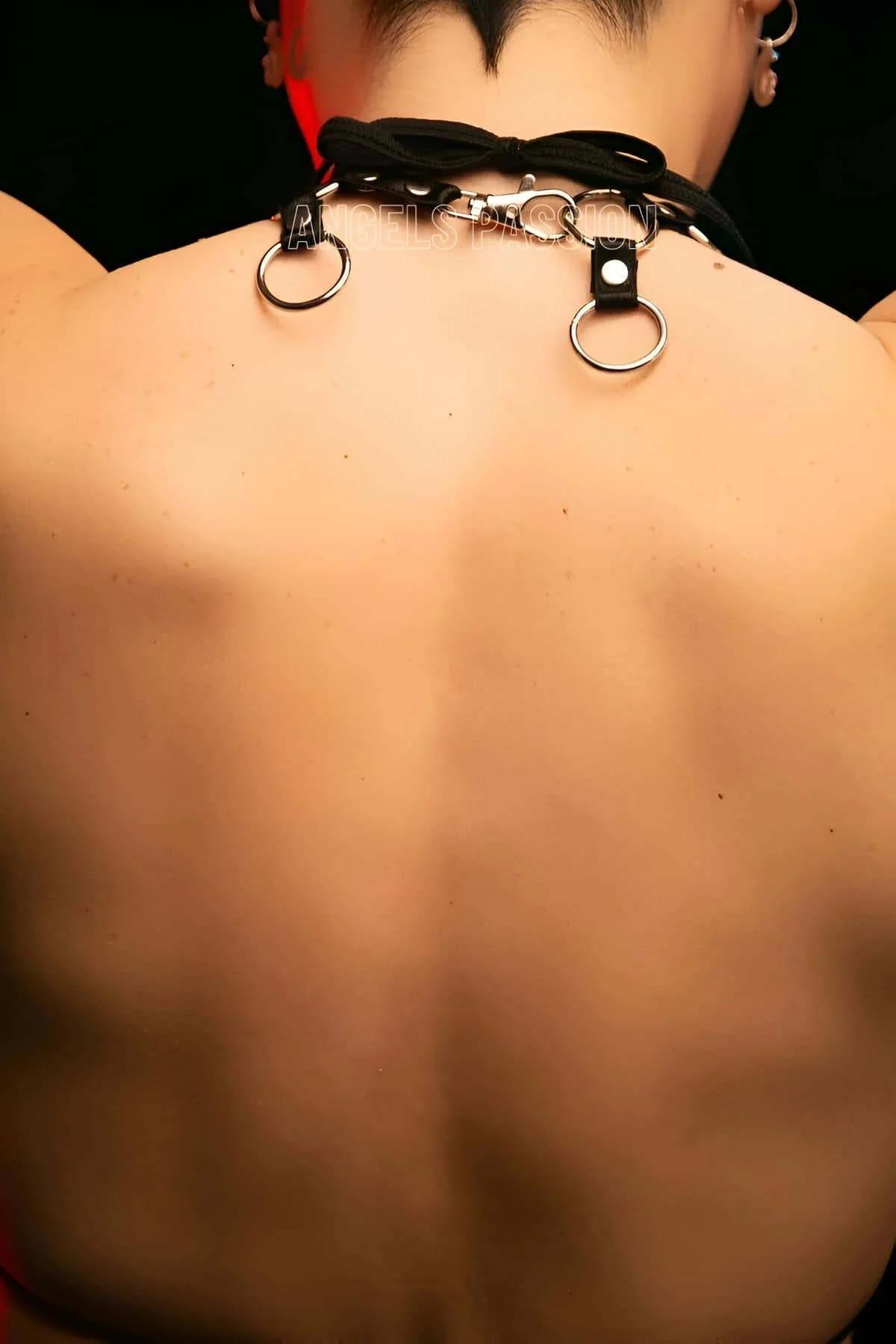 Faux Leather Choker Harness with Draping O-Rings
