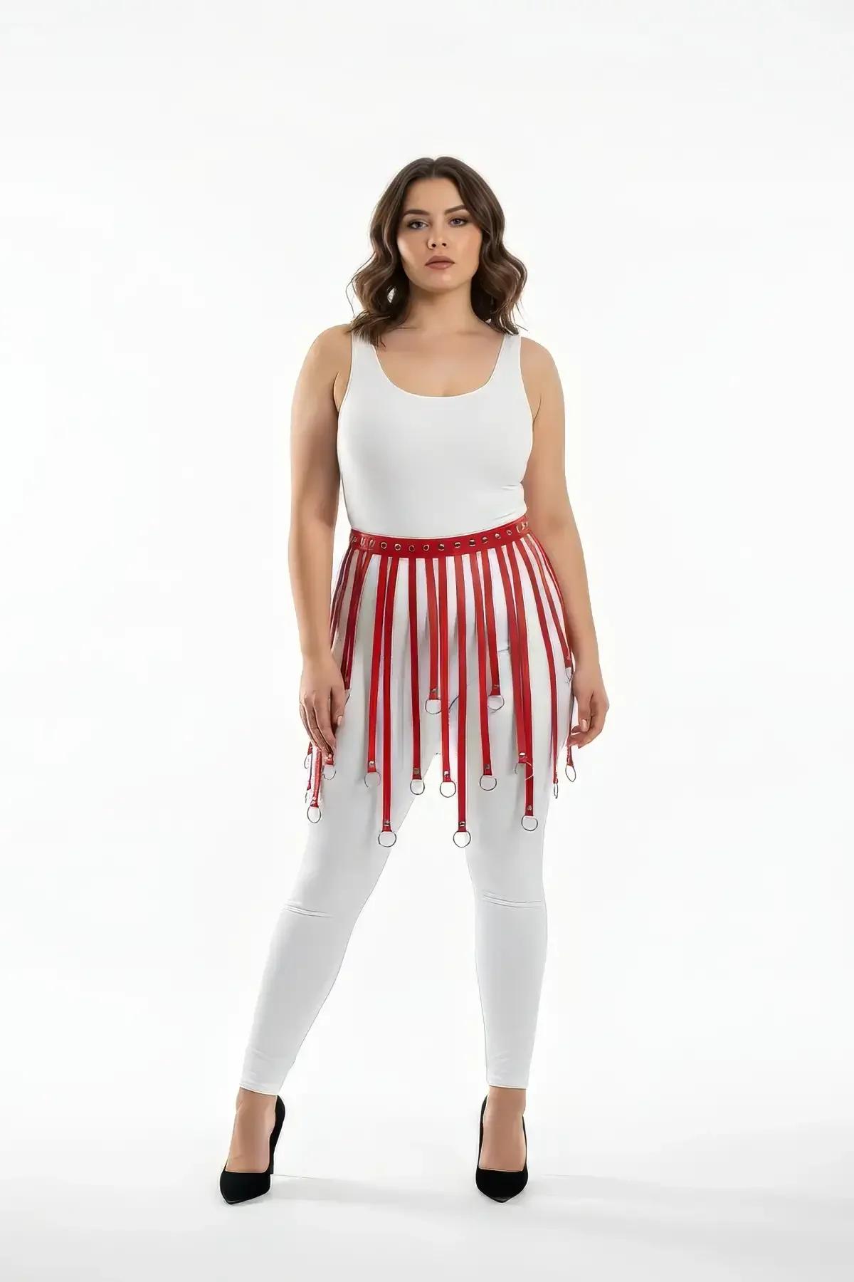 Red Faux Leather Fringe Skirt Harness with O-Ring Details