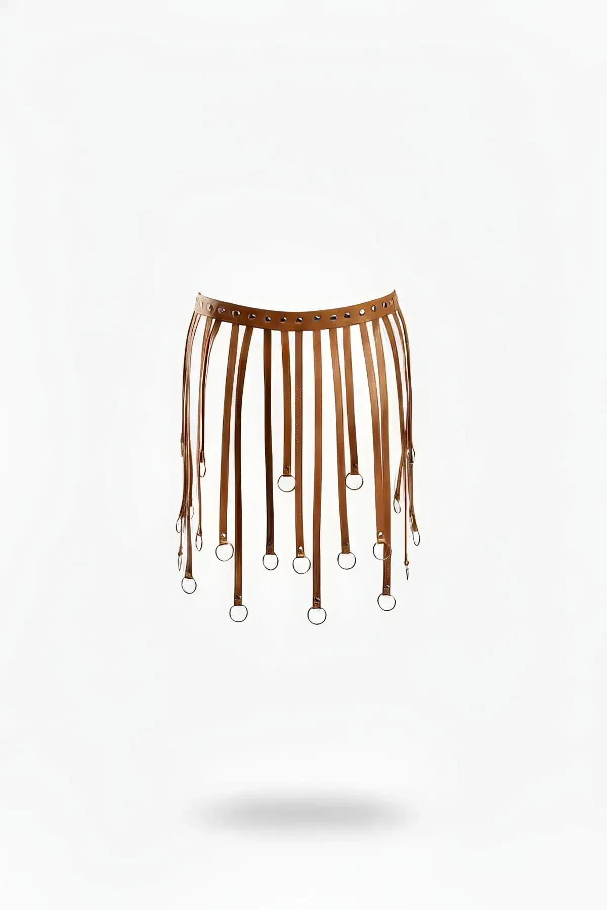Tan Faux Leather Fringe Waist Harness with O-Rings