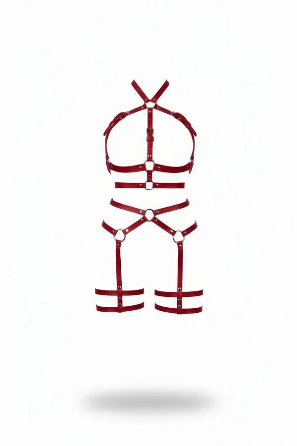 Red Faux Leather Full Body Harness with O-Rings