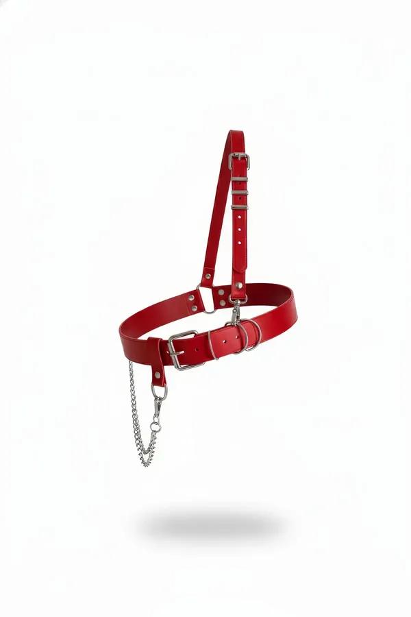 Red Faux Leather Waist Harness with Shoulder Strap & Chain