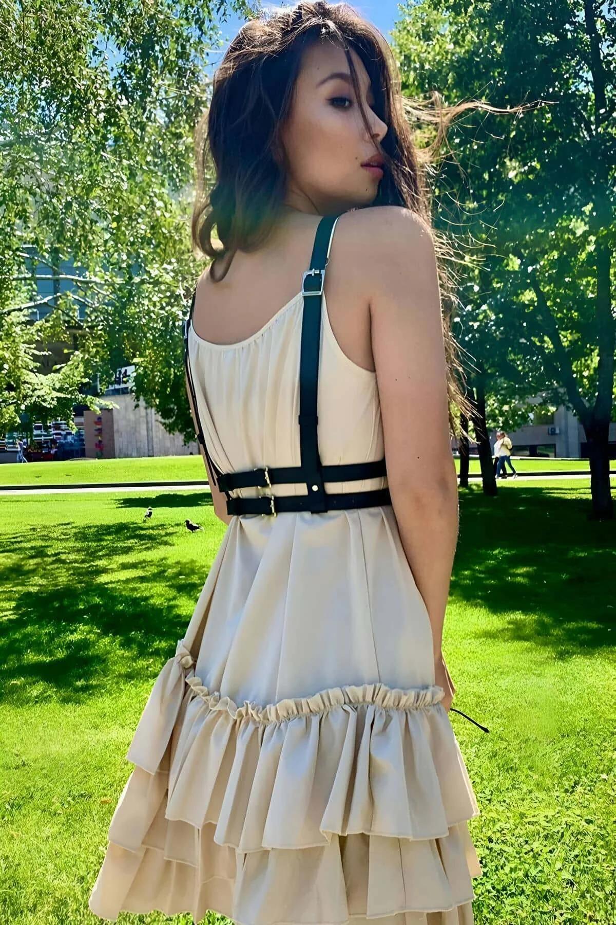 Strappy Faux Leather Chest Harness with Gold O-Rings