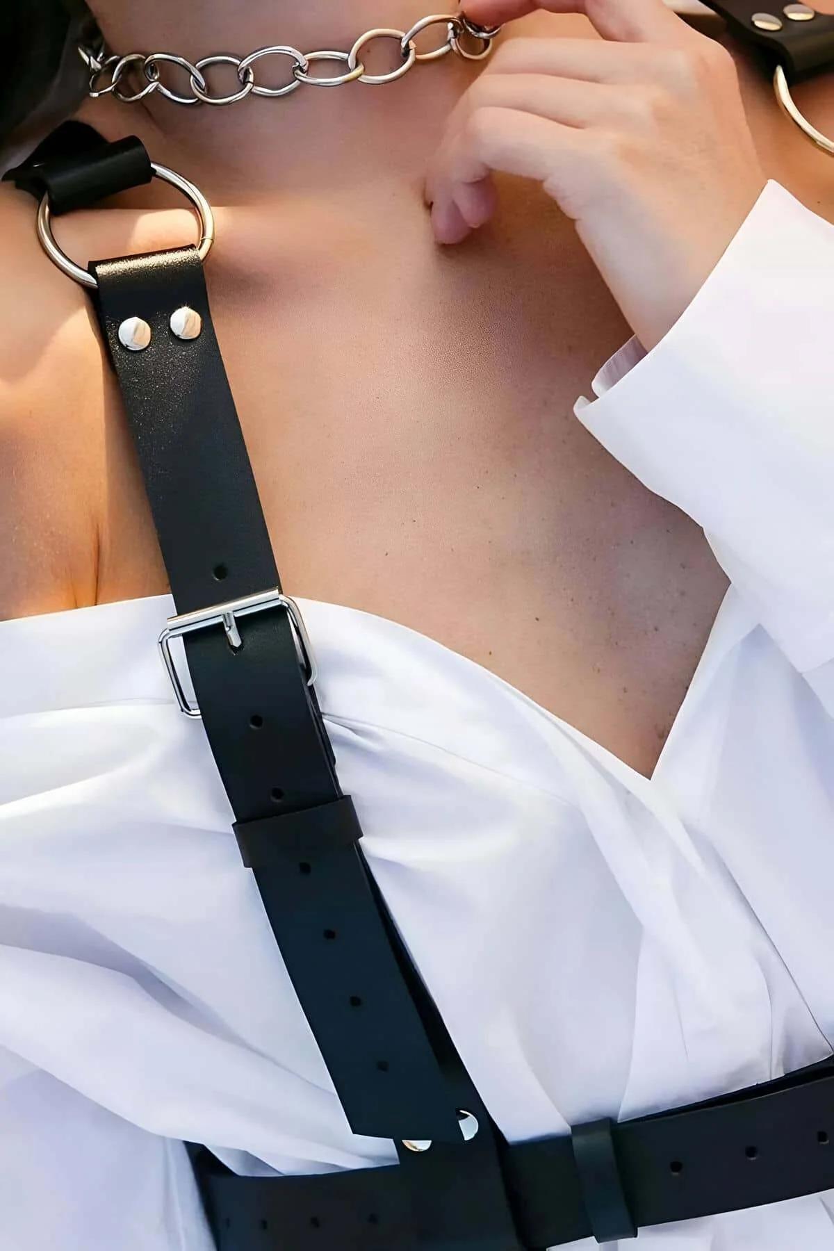Adjustable Faux Leather Chest Harness with Choker & O-Rings