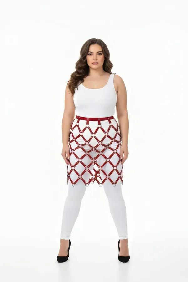 Red Faux Leather Cage Skirt Harness with O-Ring Grid