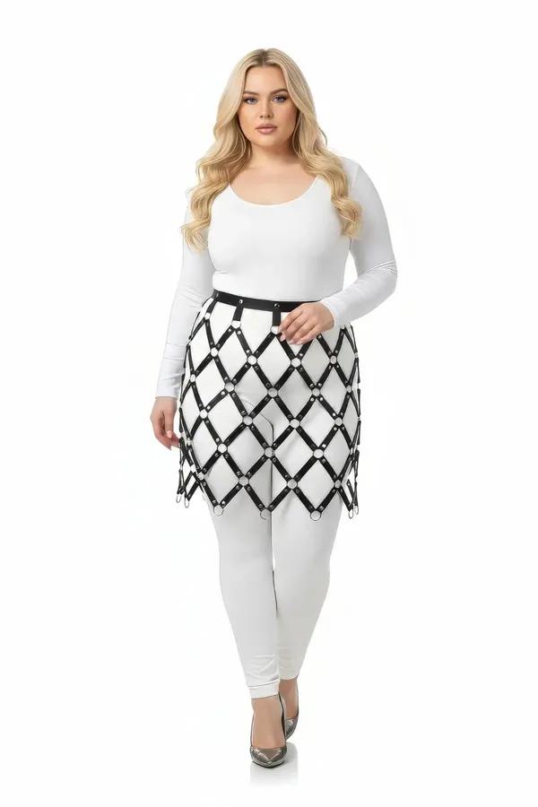 Diamond Faux Leather Skirt Overlay Harness with O-Rings