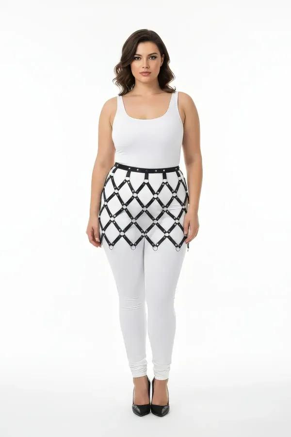 Diamond Net Faux Leather Skirt Harness with O-Rings