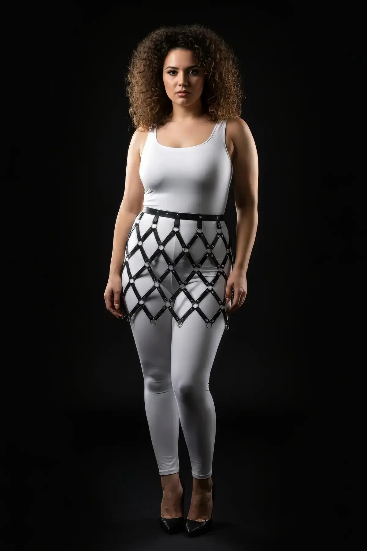 Diamond Net Faux Leather Skirt Harness with O-Rings