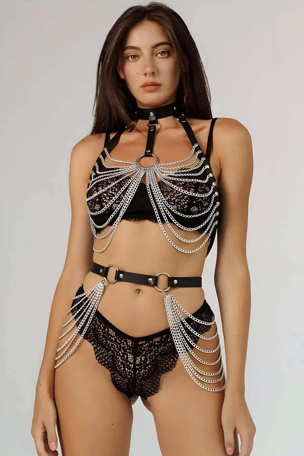 Chain Fringe Faux Leather Harness Set with Choker