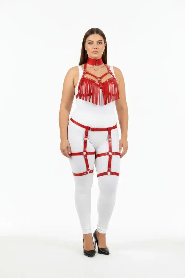 Red Faux Leather Fringe Harness Bra & Garter Set