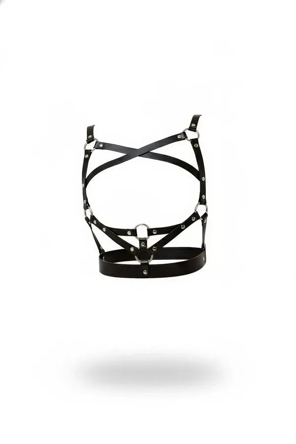 black faux leather caged body harness with diagonal cross-straps and three silver O-rings on white background