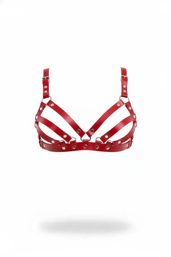Red Faux Leather Caged Bra Harness with Studs