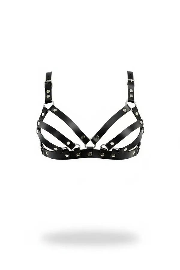Strappy Faux Leather Harness Bra with Silver Studs