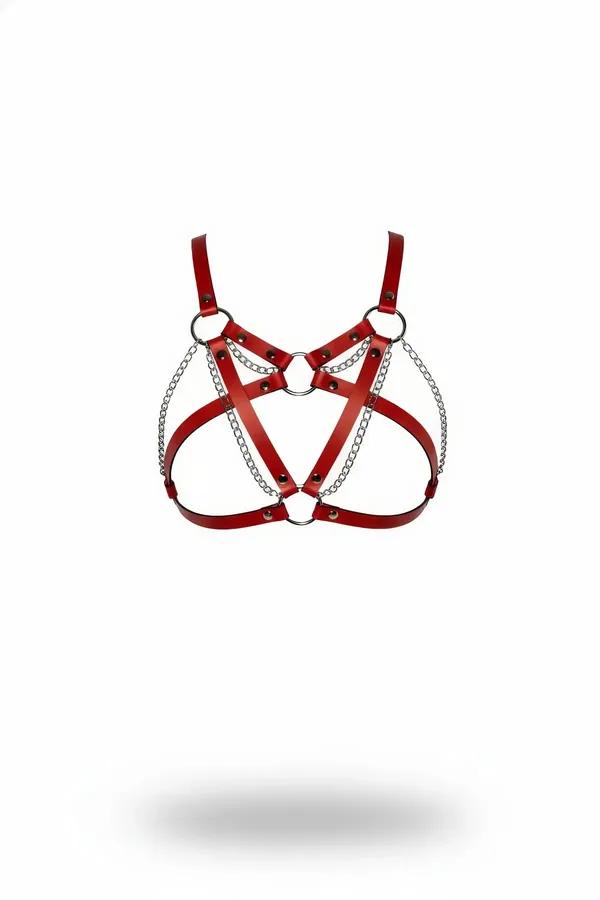 Faux Leather Strappy Harness Bra with O-Rings and Chains