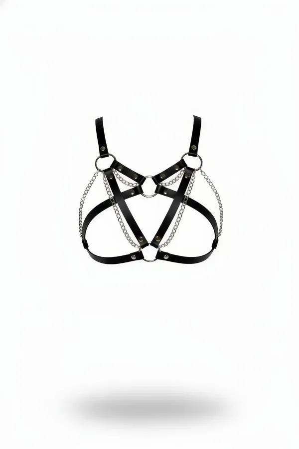 Caged Faux Leather Harness Bra with Draped Chains