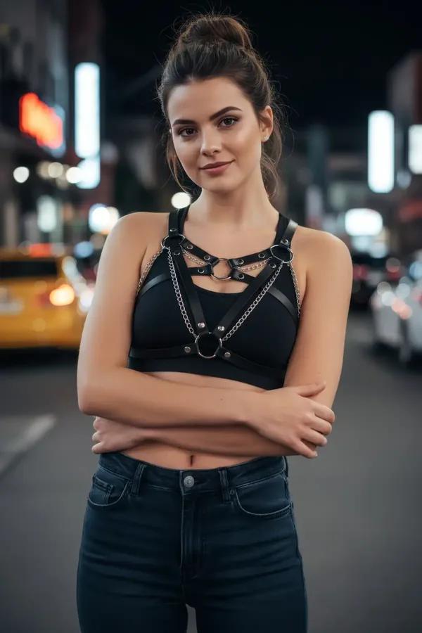 Faux Leather Caged Harness Bra with Draped Chains