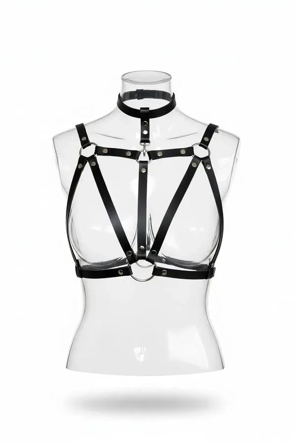 Strappy Faux Leather Harness Bra with Choker and O-Rings