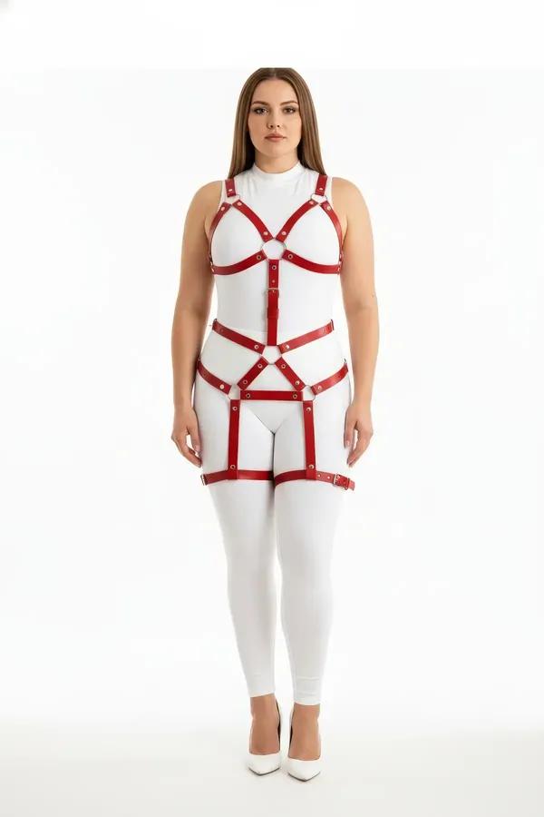 Red Faux Leather Full Body Harness with O-Rings