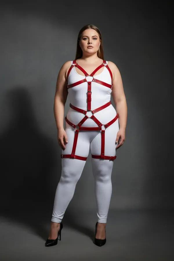 Red Faux Leather Full Body Harness with O-Rings