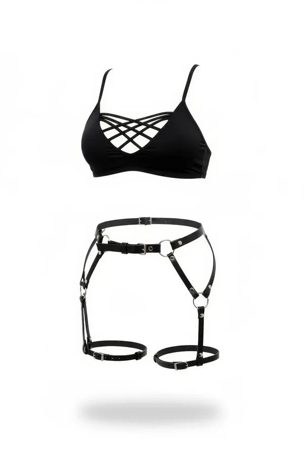 Adjustable Faux Leather Garter Harness with O-Ring Thigh Straps