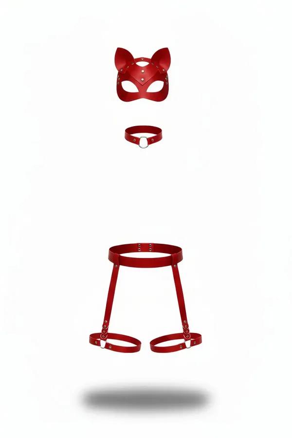 Red Faux Leather Harness Set with Mask and Leg Garters