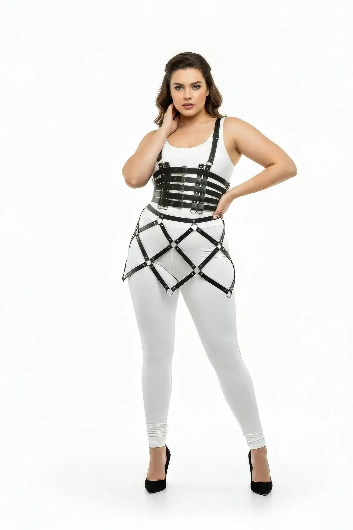 Black Plus Size Faux Leather Cage Body Harness Skirt