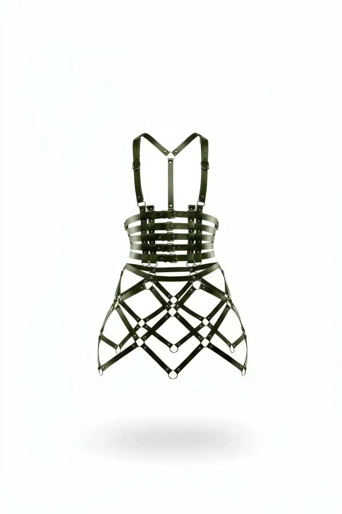 Faux Leather Cage Skirt Harness with Strappy Waist Design