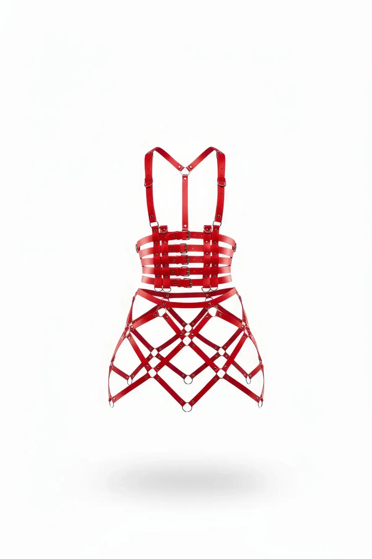 Red Faux Leather Bustier Top and Cage Skirt Harness Set